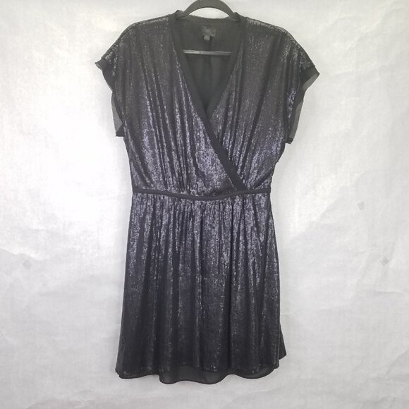 Banana Republic BR Sequined Sheath Dress 6 Matte Black Crossover Surplice Mini - Picture 1 of 14
